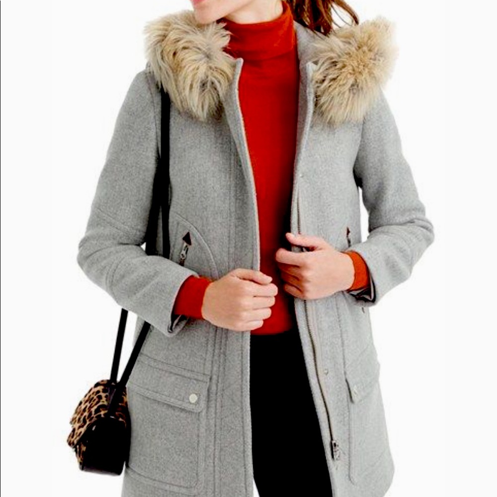 JCrew Italian Stadium Cloth Parka with Faux Fur Trim Hood